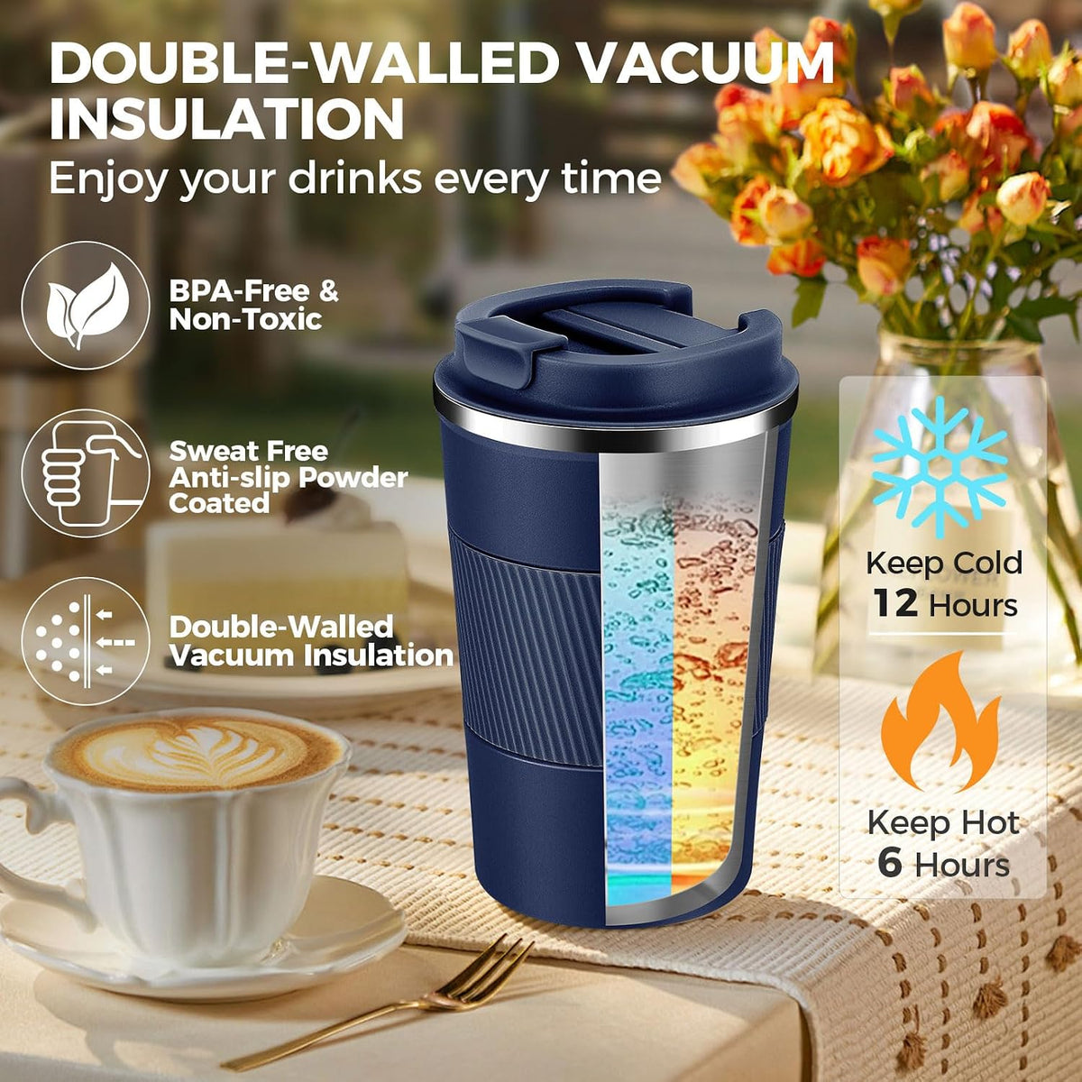 Volhoply 13 oz Stainless Steel Insulated Travel Coffee Mug with Fip Lid,Reusable Double Wall Vacuum Metal Coffee Cup,Portable to Go Leak Proof Cafe Thermal Tumbler for Hot & Cold Drinks(Pink,1)