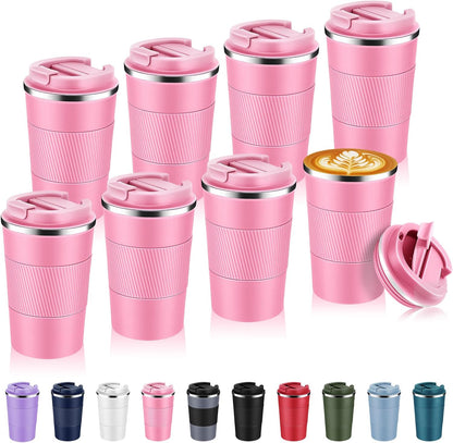 Volhoply 13 oz Stainless Steel Insulated Travel Coffee Mug with Fip Lid,Reusable Double Wall Vacuum Metal Coffee Cup,Portable to Go Leak Proof Cafe Thermal Tumbler for Hot & Cold Drinks(Pink,1)