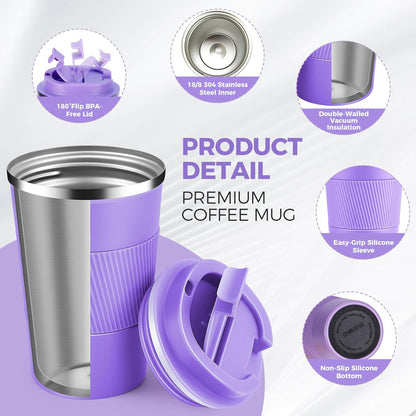 Volhoply 13 oz Stainless Steel Insulated Travel Coffee Mug with Fip Lid,Reusable Double Wall Vacuum Metal Coffee Cup,Portable to Go Leak Proof Cafe Thermal Tumbler for Hot & Cold Drinks(Pink,1)