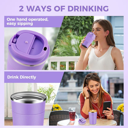 Volhoply 13 oz Stainless Steel Insulated Travel Coffee Mug with Fip Lid,Reusable Double Wall Vacuum Metal Coffee Cup,Portable to Go Leak Proof Cafe Thermal Tumbler for Hot & Cold Drinks(Pink,1)