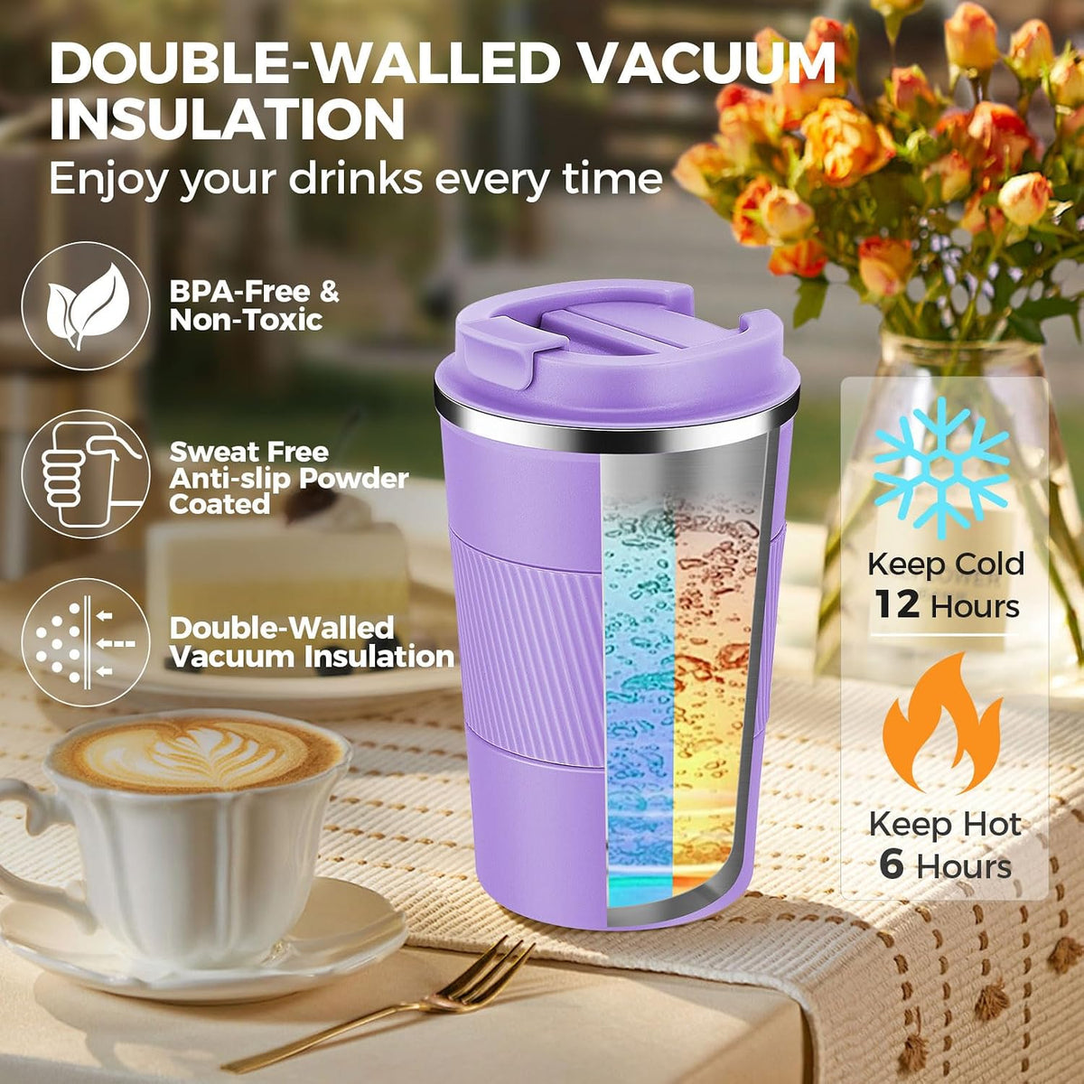 Volhoply 13 oz Stainless Steel Insulated Travel Coffee Mug with Fip Lid,Reusable Double Wall Vacuum Metal Coffee Cup,Portable to Go Leak Proof Cafe Thermal Tumbler for Hot & Cold Drinks(Pink,1)