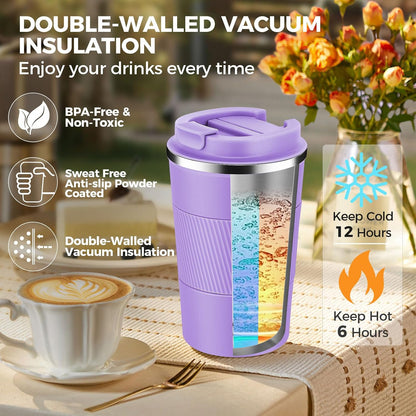 Volhoply 13 oz Stainless Steel Insulated Travel Coffee Mug with Fip Lid,Reusable Double Wall Vacuum Metal Coffee Cup,Portable to Go Leak Proof Cafe Thermal Tumbler for Hot & Cold Drinks(Pink,1)
