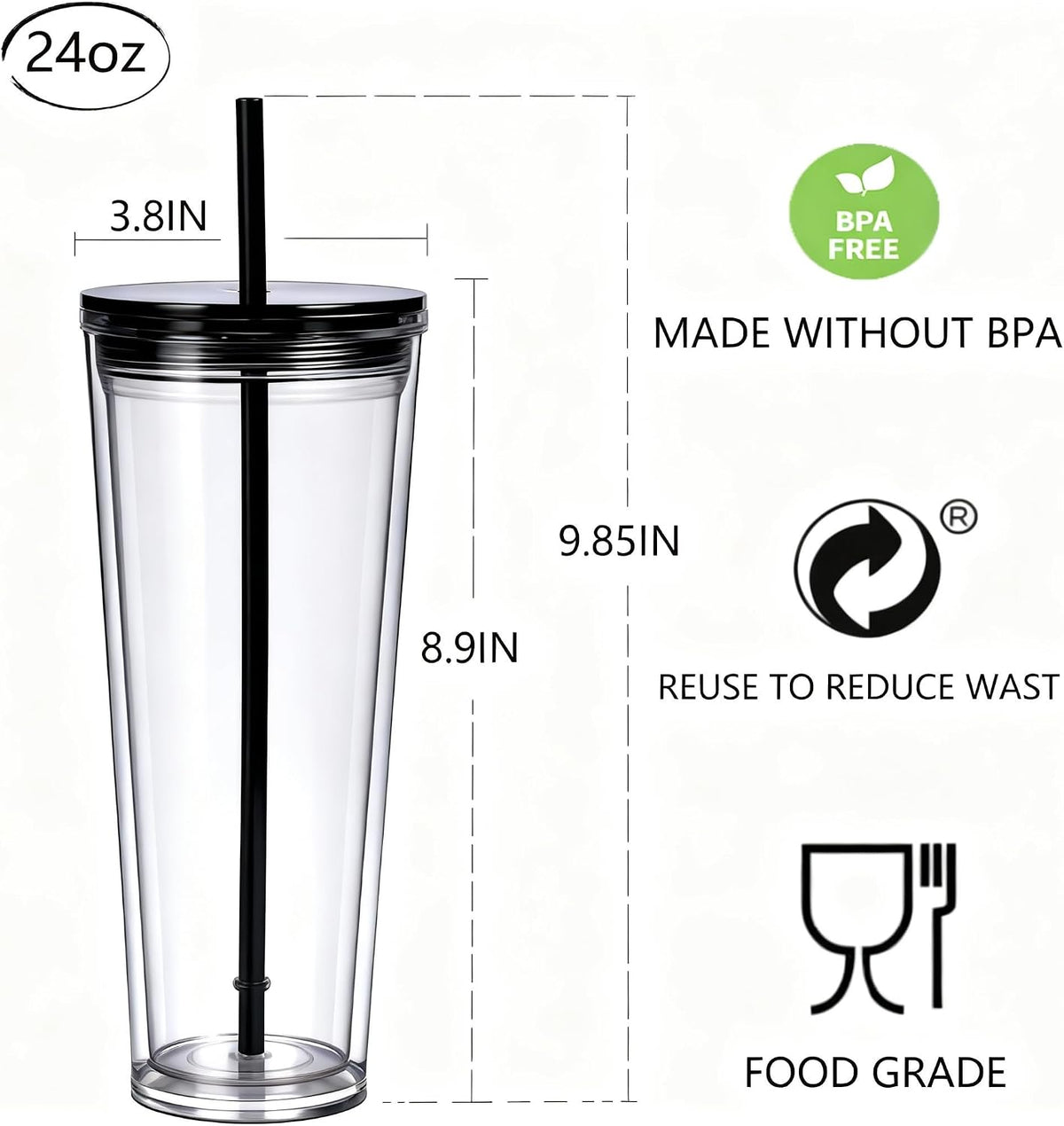 24oz Tumbler with Lid and Straw, Leak Proof and Double Wall Insulated Reusable Plastic Cups,Travel Reusable Iced Coffee Cup (2, White Butterfly)