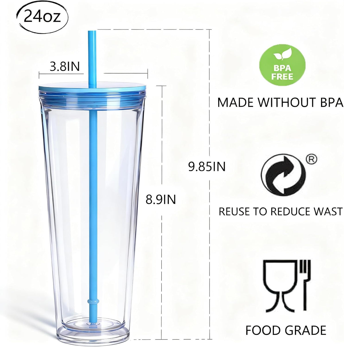 24oz Tumbler with Lid and Straw, Leak Proof and Double Wall Insulated Reusable Plastic Cups,Travel Reusable Iced Coffee Cup (2, White Butterfly)