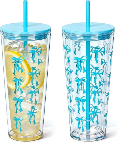 24oz Tumbler with Lid and Straw, Leak Proof and Double Wall Insulated Reusable Plastic Cups,Travel Reusable Iced Coffee Cup (2, White Butterfly)