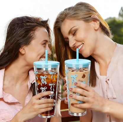 24oz Tumbler with Lid and Straw, Leak Proof and Double Wall Insulated Reusable Plastic Cups,Travel Reusable Iced Coffee Cup (2, White Butterfly)