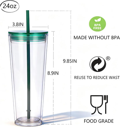 24oz Tumbler with Lid and Straw, Leak Proof and Double Wall Insulated Reusable Plastic Cups,Travel Reusable Iced Coffee Cup (2, White Butterfly)