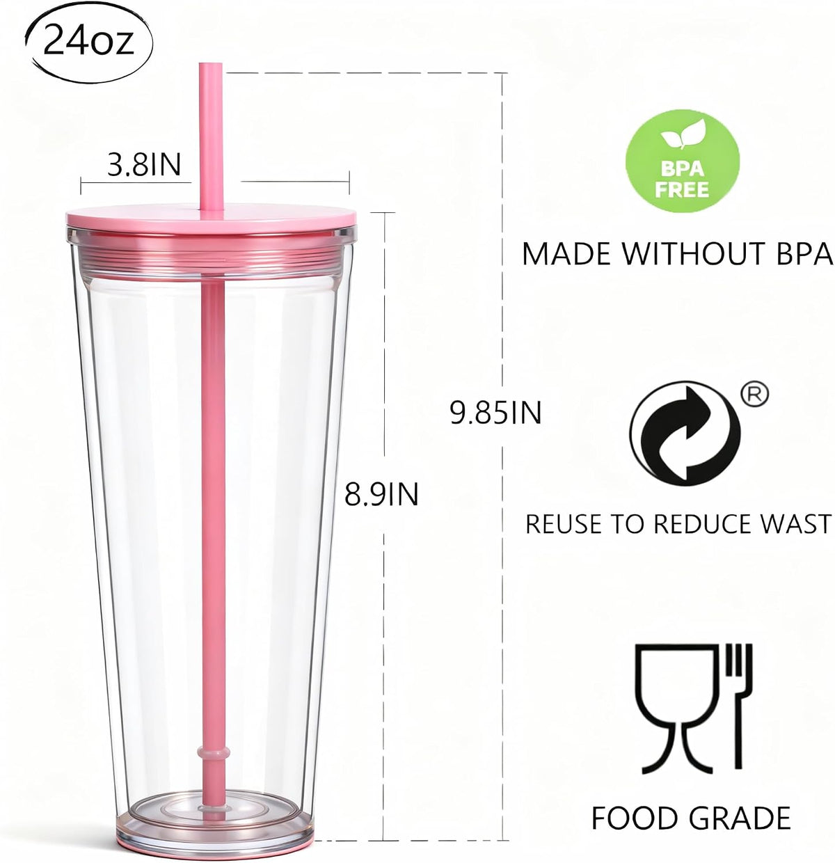 24oz Tumbler with Lid and Straw, Leak Proof and Double Wall Insulated Reusable Plastic Cups,Travel Reusable Iced Coffee Cup (2, White Butterfly)