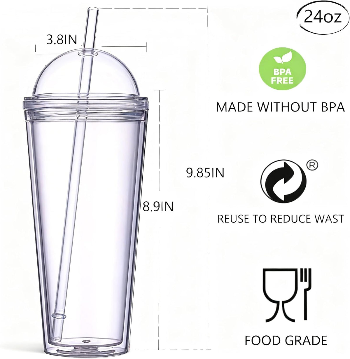 24oz Tumbler with Lid and Straw, Leak Proof and Double Wall Insulated Reusable Plastic Cups,Travel Reusable Iced Coffee Cup (2, White Butterfly)