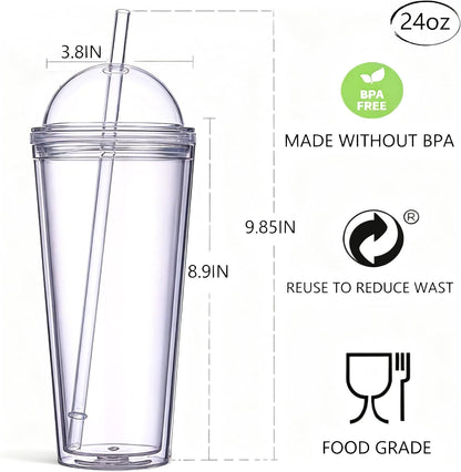 24oz Tumbler with Lid and Straw, Leak Proof and Double Wall Insulated Reusable Plastic Cups,Travel Reusable Iced Coffee Cup (2, White Butterfly)