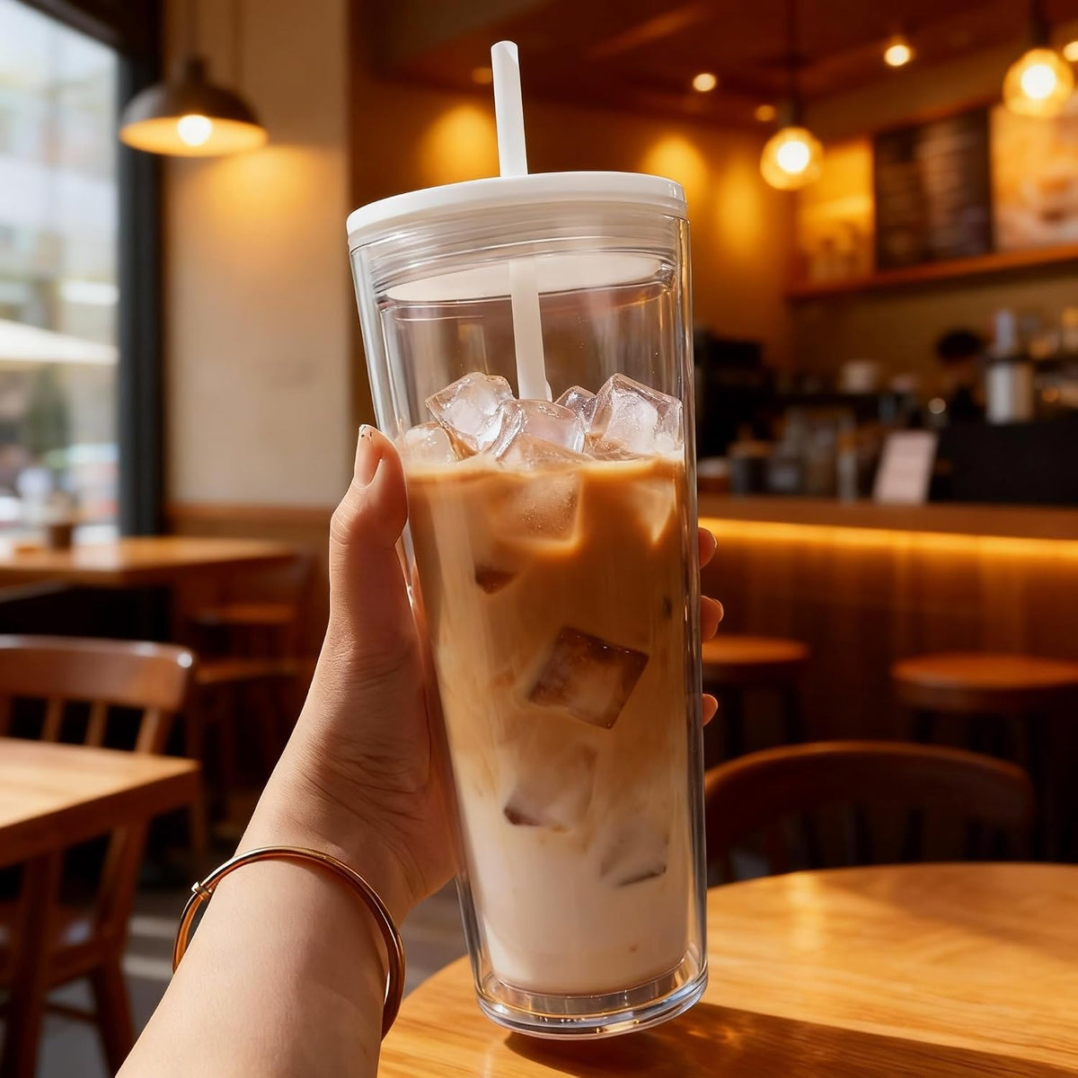 24oz Tumbler with Lid and Straw, Leak Proof and Double Wall Insulated Reusable Plastic Cups,Travel Reusable Iced Coffee Cup (2, White Butterfly)