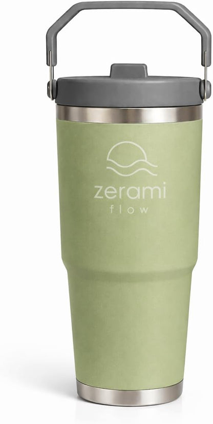 30 oz Tumbler with Handle & Flip Straw Lid – Cupholder-Friendly Insulated Stainless Steel Travel Mug, Leak-Resistant Twist Lid, Double Wall Vacuum, BPA-Free, Fits Car Cup Holder (Green)