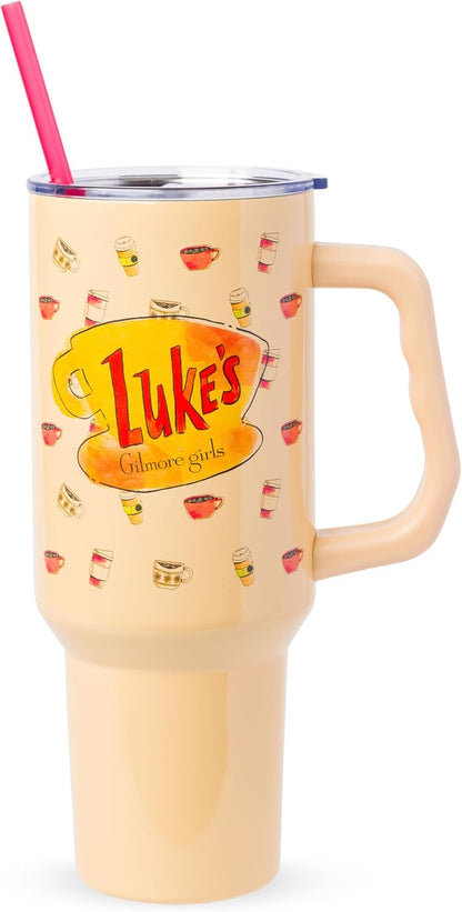 Betty Boop Core Cute Pose, Stainless Steel Tumbler, 40oz | Sitting, Hearts and Dots, Straw Cover Cap, Handle, Lid, Double Walled, Fits in Cup Holder, 1.18 Liters - Colors B