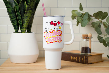 Betty Boop Core Cute Pose, Stainless Steel Tumbler, 40oz | Sitting, Hearts and Dots, Straw Cover Cap, Handle, Lid, Double Walled, Fits in Cup Holder, 1.18 Liters - Colors B