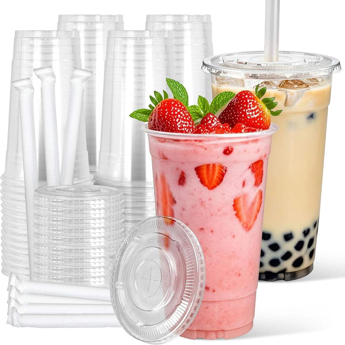 32 oz Clear Plastic Cups with Lids and Jumbo Boba Straws
