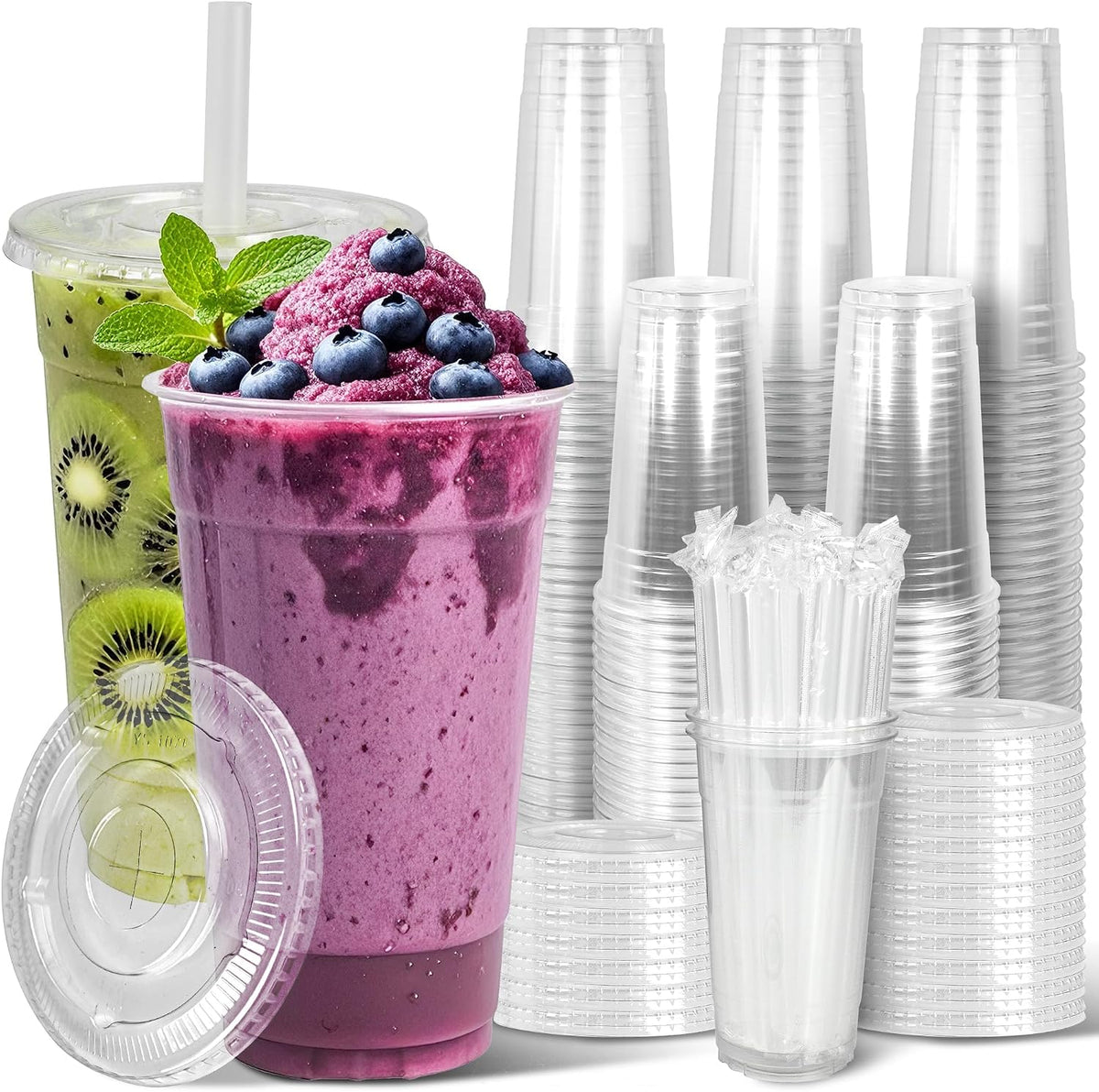 32 oz Clear Plastic Cups with Lids and Jumbo Boba Straws