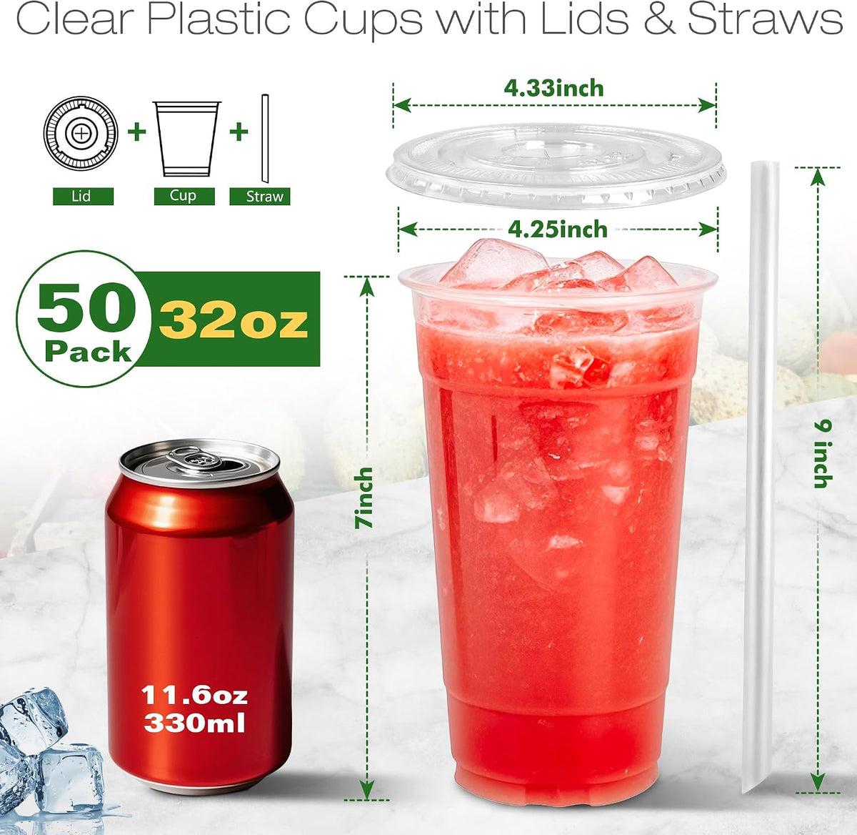 32 oz Clear Plastic Cups with Lids and Jumbo Boba Straws