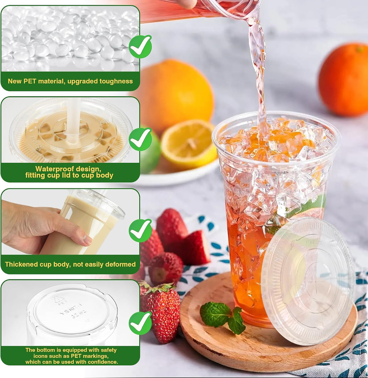 32 oz Clear Plastic Cups with Lids and Jumbo Boba Straws