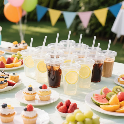 32 oz Clear Plastic Cups with Lids and Jumbo Boba Straws