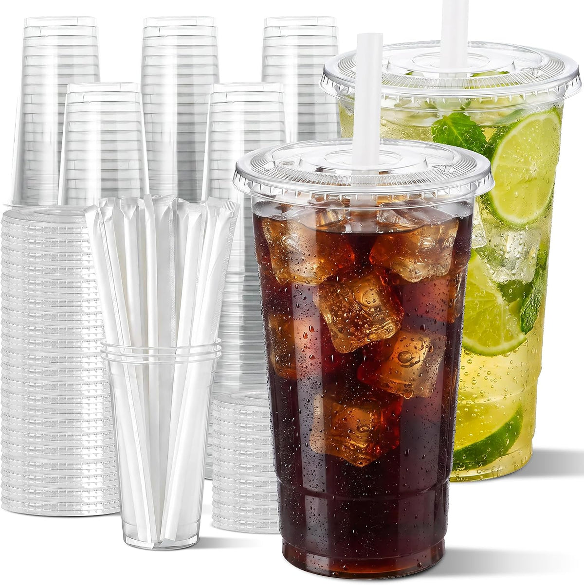 32 oz Clear Plastic Cups with Lids and Jumbo Boba Straws