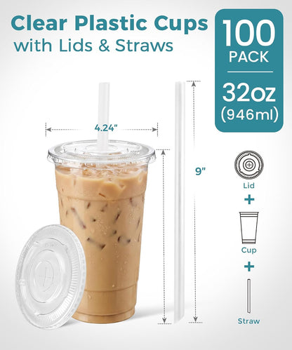 32 oz Clear Plastic Cups with Lids and Jumbo Boba Straws