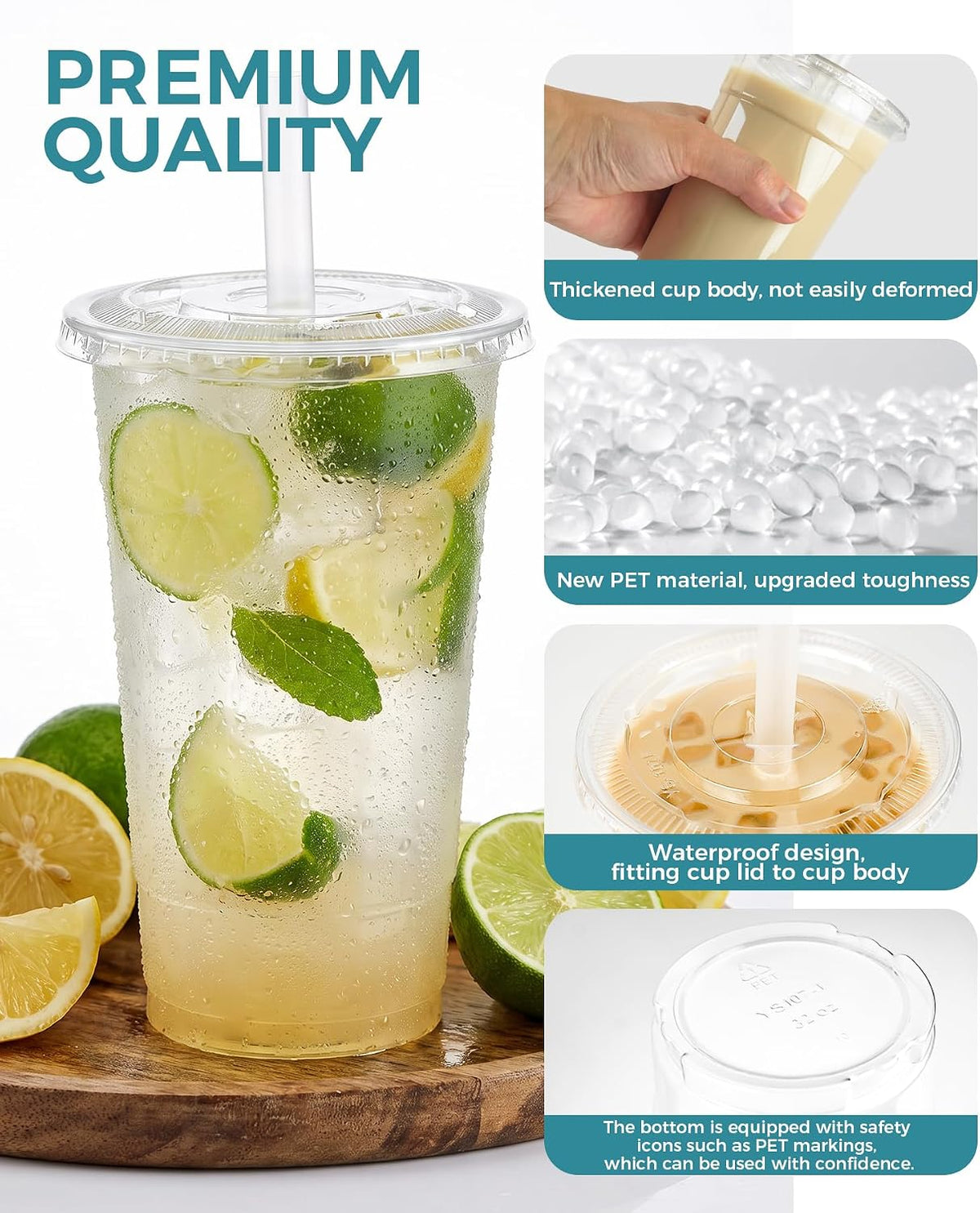 32 oz Clear Plastic Cups with Lids and Jumbo Boba Straws