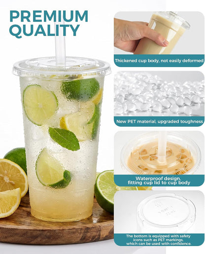 32 oz Clear Plastic Cups with Lids and Jumbo Boba Straws