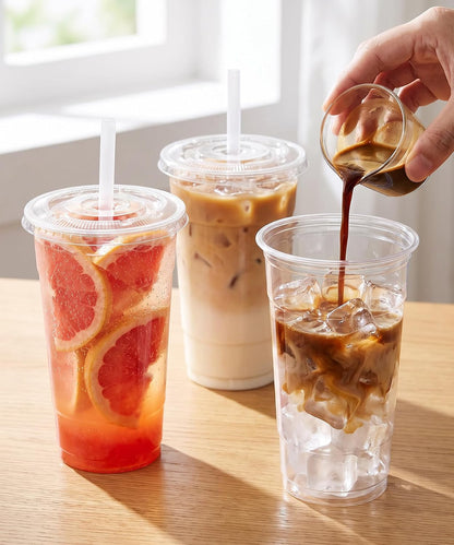 32 oz Clear Plastic Cups with Lids and Jumbo Boba Straws