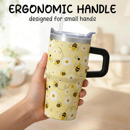20oz Cute Honey Bee Insulated Tumbler with Handle, Premium Stainless Steel Water Bottle with Rotating Lid Straw, Spring Garden Gift for Women Girls Birthday Christmas Back to School