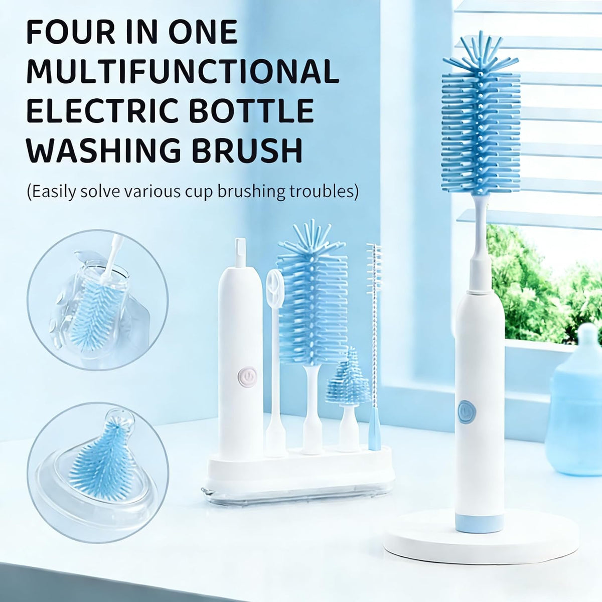 Rechargeable Electric Bottle Brush with Stand - 360° Spin Silicone Cleaner for Baby Bottles, Breast Pumps & Small Household Containers (Sea Blue)