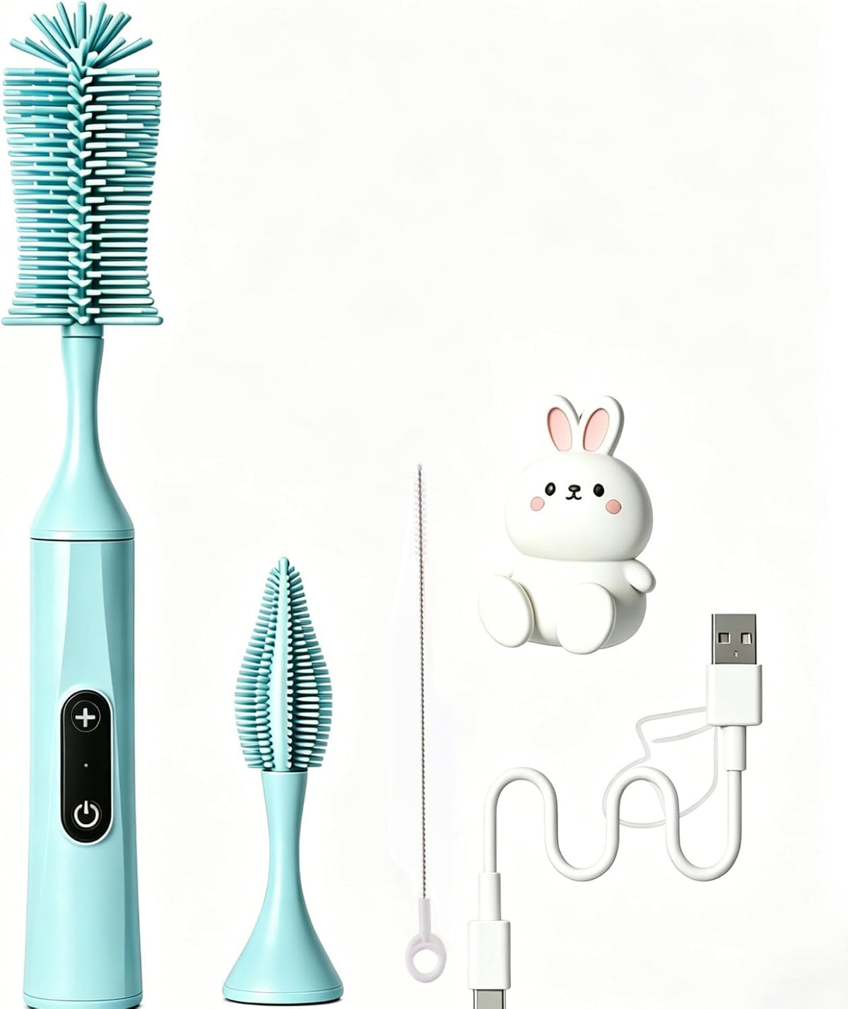 Rechargeable Electric Bottle Brush with Stand - 360° Spin Silicone Cleaner for Baby Bottles, Breast Pumps & Small Household Containers (Sea Blue)