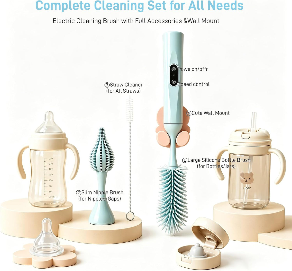Rechargeable Electric Bottle Brush with Stand - 360° Spin Silicone Cleaner for Baby Bottles, Breast Pumps & Small Household Containers (Sea Blue)