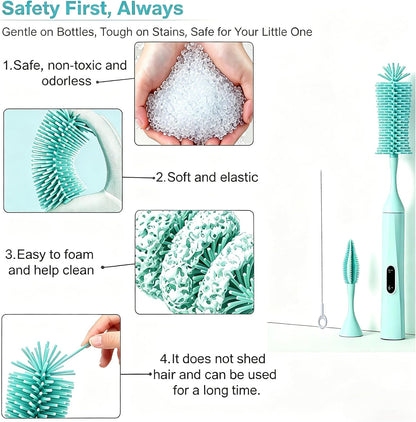 Rechargeable Electric Bottle Brush with Stand - 360° Spin Silicone Cleaner for Baby Bottles, Breast Pumps & Small Household Containers (Sea Blue)