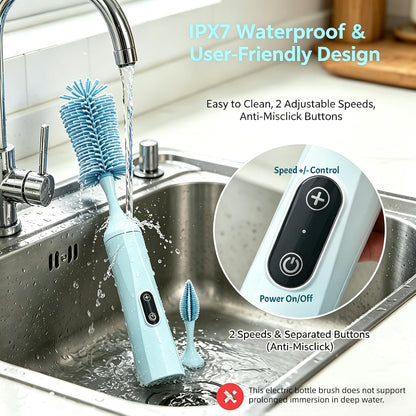 Rechargeable Electric Bottle Brush with Stand - 360° Spin Silicone Cleaner for Baby Bottles, Breast Pumps & Small Household Containers (Sea Blue)
