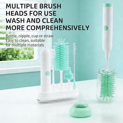 Rechargeable Electric Bottle Brush with Stand - 360° Spin Silicone Cleaner for Baby Bottles, Breast Pumps & Small Household Containers (Sea Blue)