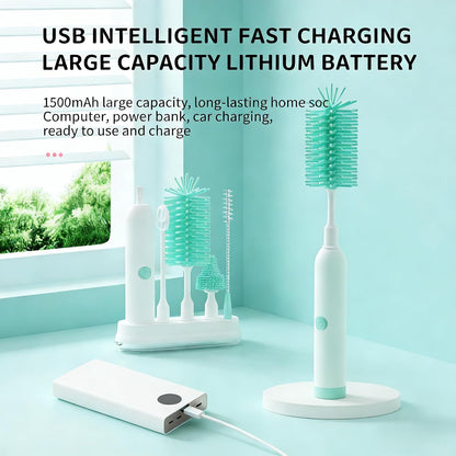 Rechargeable Electric Bottle Brush with Stand - 360° Spin Silicone Cleaner for Baby Bottles, Breast Pumps & Small Household Containers (Sea Blue)