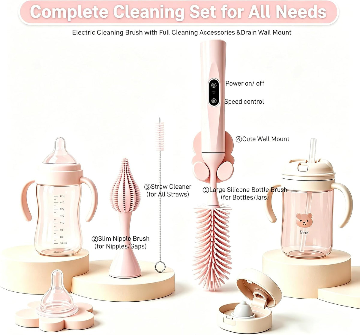 Rechargeable Electric Bottle Brush with Stand - 360° Spin Silicone Cleaner for Baby Bottles, Breast Pumps & Small Household Containers (Sea Blue)