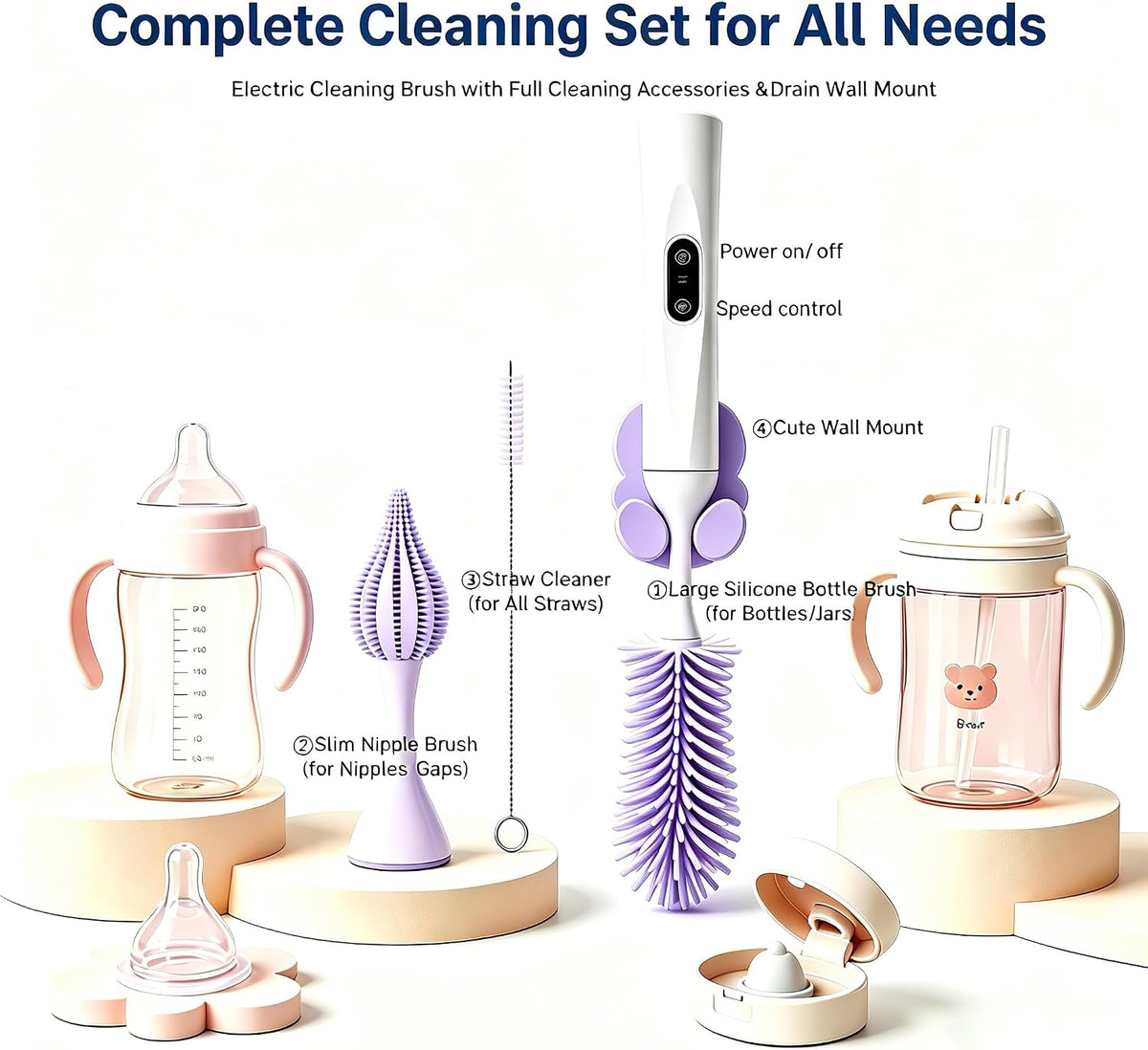Rechargeable Electric Bottle Brush with Stand - 360° Spin Silicone Cleaner for Baby Bottles, Breast Pumps & Small Household Containers (Sea Blue)