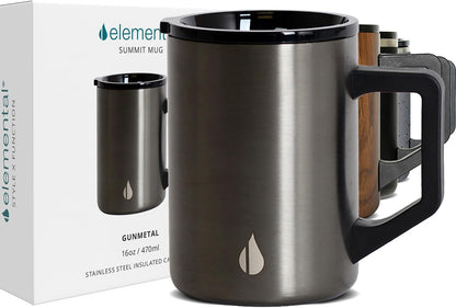 Insulated Coffee Mug - Triple-Wall Stainless Steel Summit Travel Cup for Hot and Cold Drinks - Thermal Coffee Mug with Lid and Handle for Camping, Office & Travel 12oz - Black
