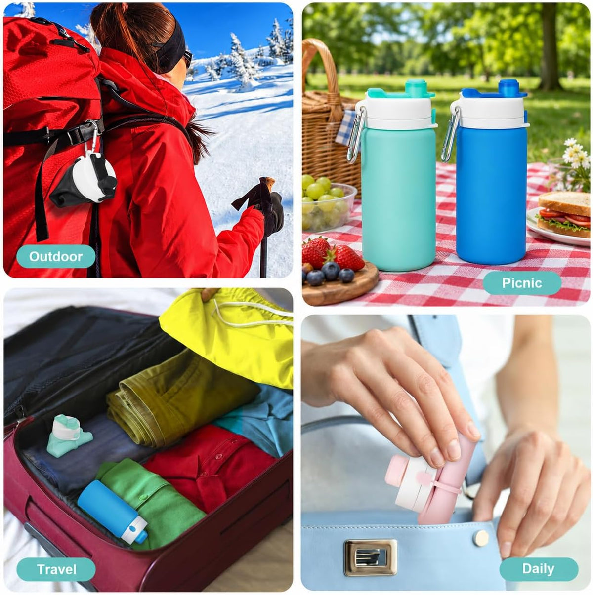 Collapsible Water Bottles, 19oz Foldable Silicone Travel Bottles