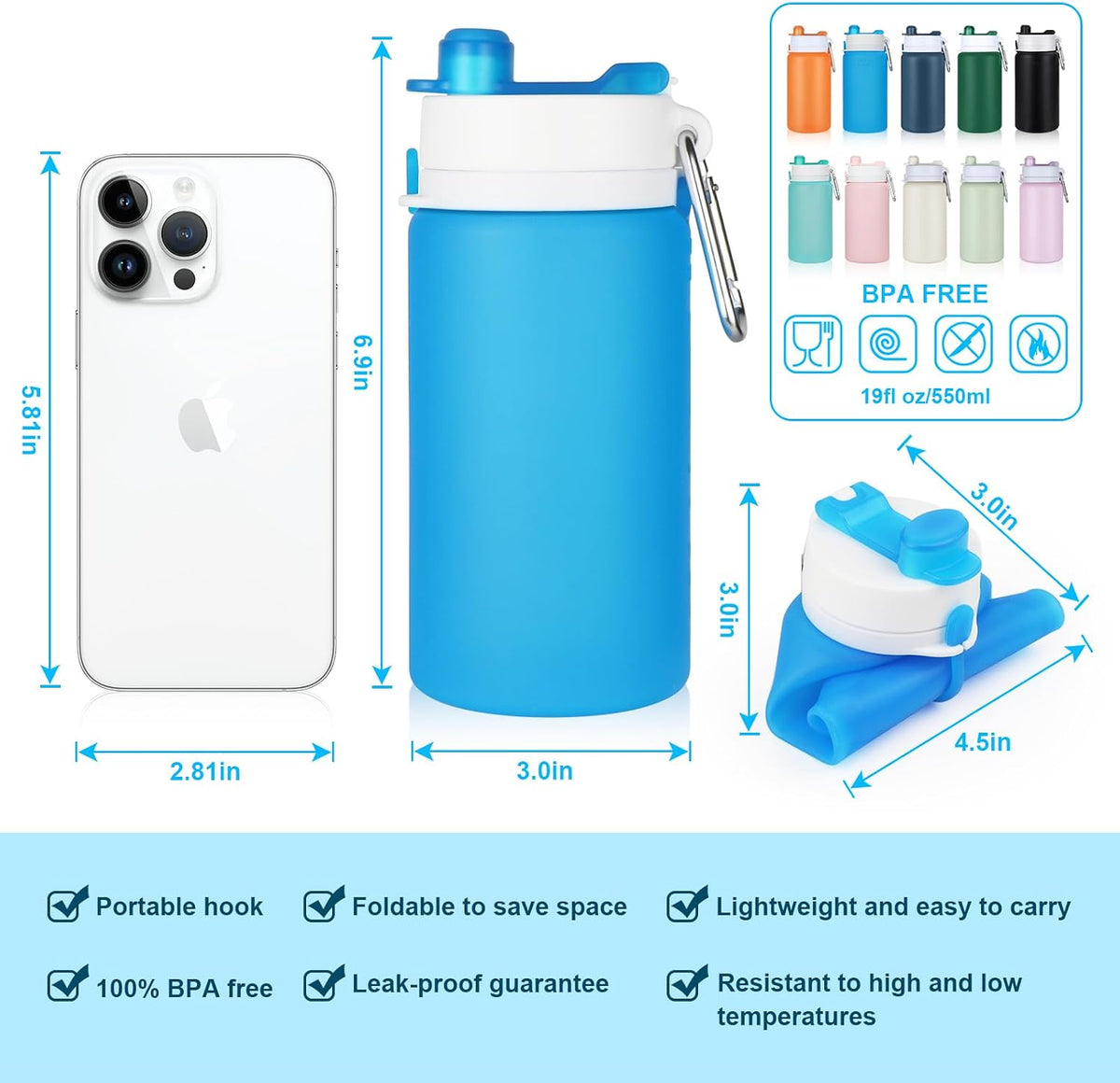Collapsible Water Bottles, 19oz Foldable Silicone Travel Bottles