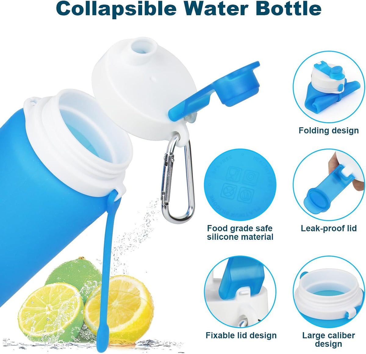 Collapsible Water Bottles, 19oz Foldable Silicone Travel Bottles