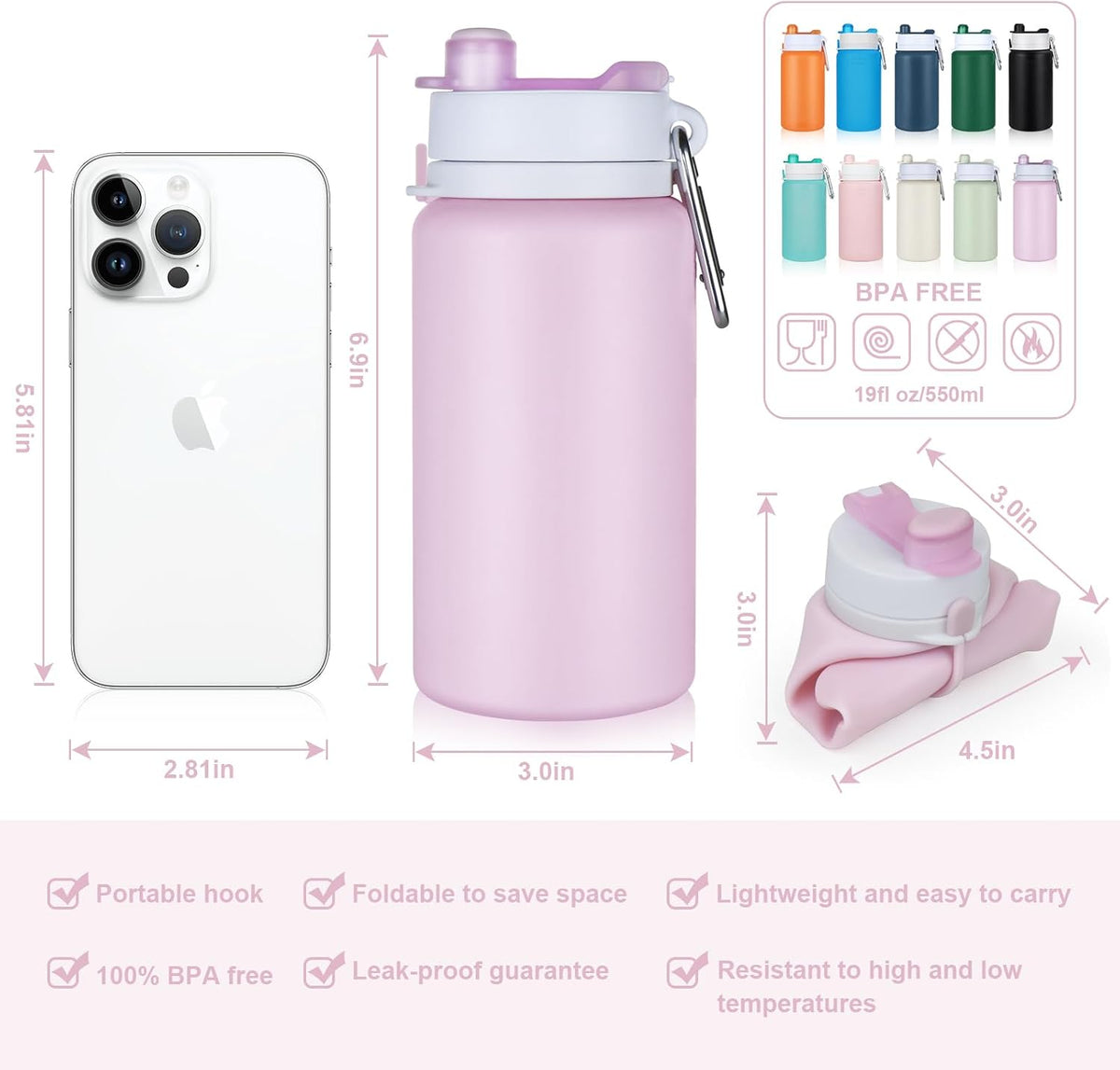 Collapsible Water Bottles, 19oz Foldable Silicone Travel Bottles