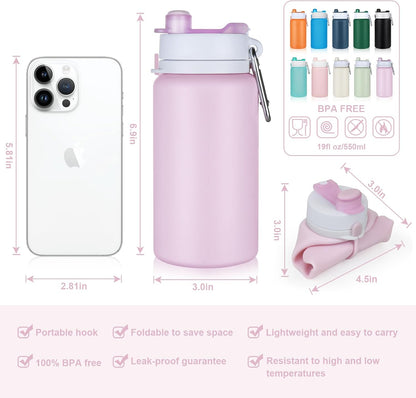 Collapsible Water Bottles, 19oz Foldable Silicone Travel Bottles