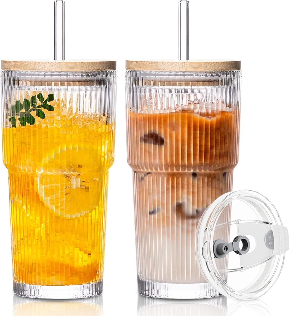 20oz Ribbed Glass Tumbler with Bamboo Lid and Straw – Iced Coffee Glasses Cups for Smoothie, Matcha, Juice, Water etc. Leakproof and Reusable Glassware Drinking for Travel To Go