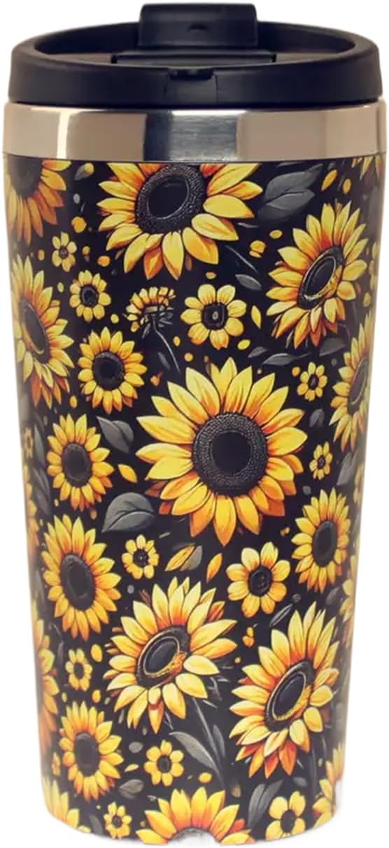 Sunflower Coffee Cup 15oz Small Insulated Stainless Steel Travel Tumbler with Flip Lid for Hot Cold Drinks Coffee Machine Friendly The Perfect Pairing For Coffee Lovers