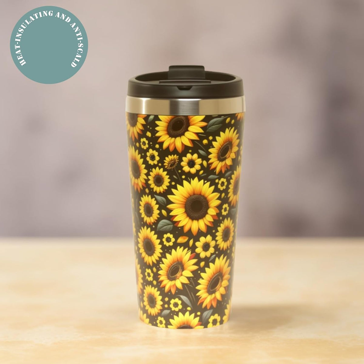 Sunflower Coffee Cup 15oz Small Insulated Stainless Steel Travel Tumbler with Flip Lid for Hot Cold Drinks Coffee Machine Friendly The Perfect Pairing For Coffee Lovers