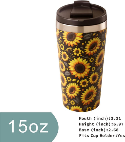 Sunflower Coffee Cup 15oz Small Insulated Stainless Steel Travel Tumbler with Flip Lid for Hot Cold Drinks Coffee Machine Friendly The Perfect Pairing For Coffee Lovers