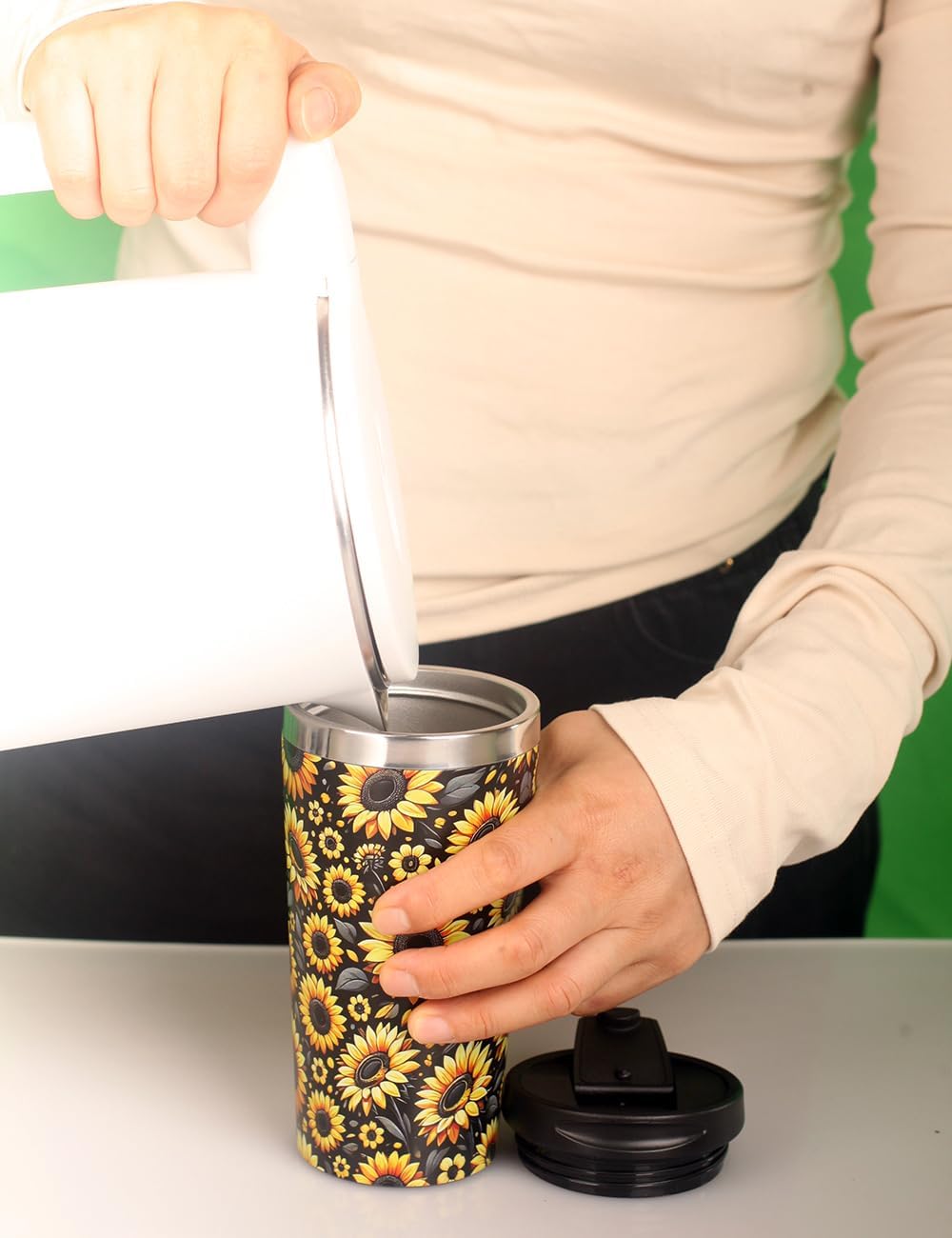Sunflower Coffee Cup 15oz Small Insulated Stainless Steel Travel Tumbler with Flip Lid for Hot Cold Drinks Coffee Machine Friendly The Perfect Pairing For Coffee Lovers