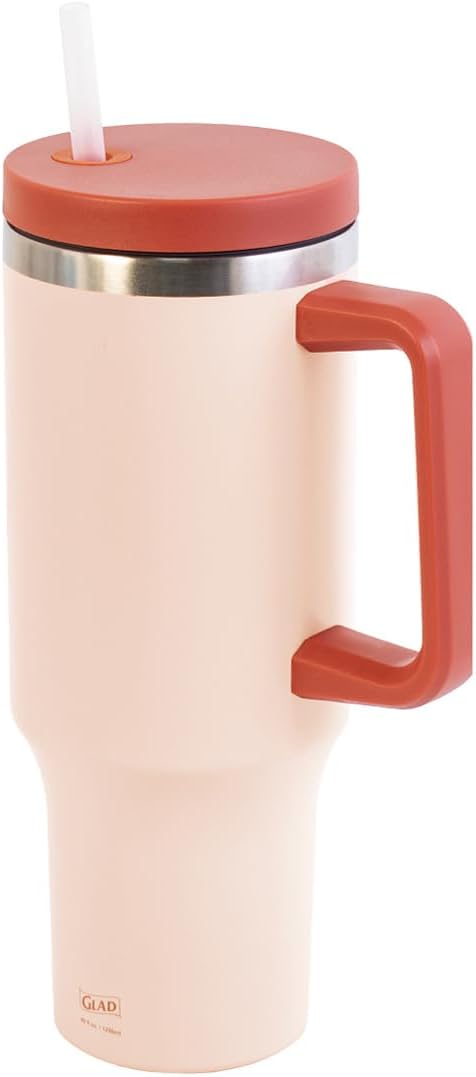 Glad Pioneer Stainless Steel Tumbler with Lid and Straw - Double Walled Insulated Cup with Handle - Leak Resistant & Cup Holder Compatible, Drinks Stay Cold All Day, 40oz, Rust